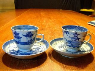 2 Antique Chinese Porcelain Blue & White Canton Export Tea Cups & Saucers 1