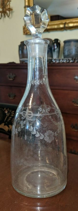 Antique Engraved Glass Decanter 19th Century Ribbon Tassel & Garland