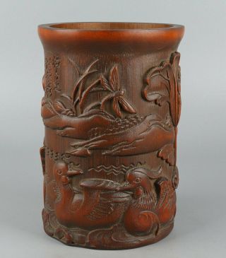 Chinese Exquisite Hand - Carved Lotus Mandarin Duck Carving Bamboo Brush Pot
