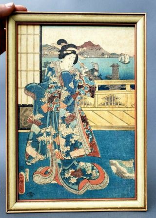 Antique Japanese Woodblock Print Mounted On Panel No Glass Framed