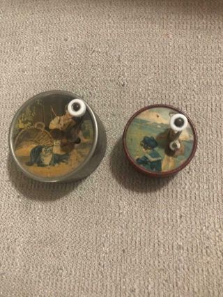 2 Vintage Manorville Round Music Boxes With Crank Handles