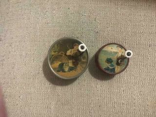 2 Vintage Manorville Round Music Boxes with Crank Handles 2