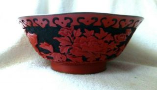 Vintage Chinese Cinnabar Lacquer Red Over Black Bowl Cup Blue Enamel Rare