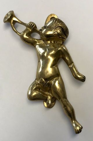Vintage Cherub Playing The Horn Figural Solid Brass Door Knocker Heavy Gold Tone