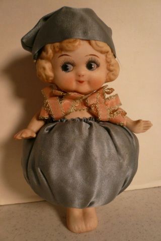 Antique Kewpie Pincushion Bisque Doll Japan Side Glance Blonde,  Hat Blue Pink