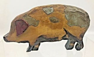 Antique Early 20th Century Hand Carved Small Wooden Pig Figurine Inlaid Wood