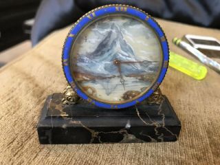 Antique Desk Clock Swiss Depose Enel Hand Painted Mountain Marble