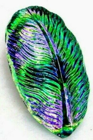 Vintage Czech Glass Button Realistic Peacock Feather Silver Back Signed