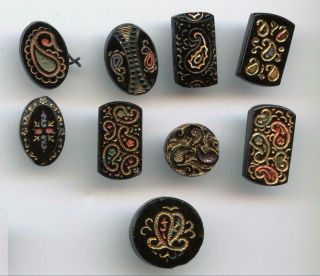 9 Colorful Black Glass Paisleys Paint & Luster Antique Buttons Create Jewelry