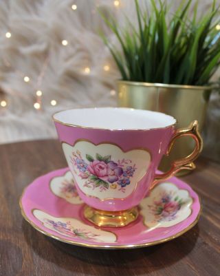 Taylor & Kent Tea Cup Saucer Bone China Set Pink Gold Floral Footed 523