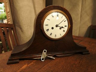 Vincenti Oak Cased Chiming 8 Day Napoleon Mantel Clock Japy Freres Enamel Dial