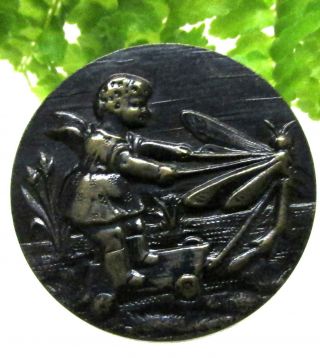 Cute Victorian Paris Back Button W/ Girl Being Pulled By Dragonfly B116