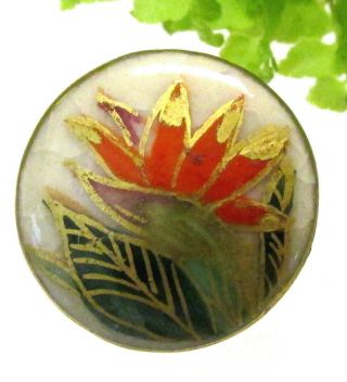 Vintage Japanese Satsuma Button With Bird Of Paradise Flower B60