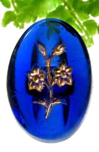 Gorgeous Victorian Oval Cobalt Blue Glass Button With Gold Luster Flowers B32