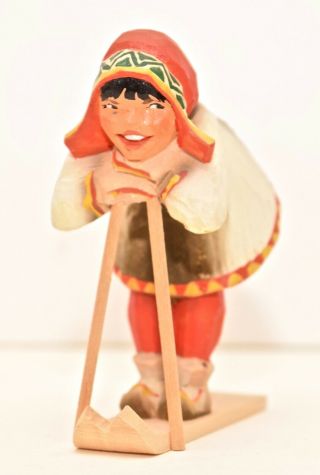 Henning Hand - Carved Wood Figurine Skiing Made In Norway