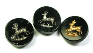 Bb Antique Black Glass Button Running Deer W/ Gold Or Silver Luster - 5/8 "