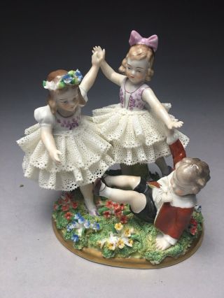 Rare Children Playing In Garden Sitzendorf German Porcelain Figurine