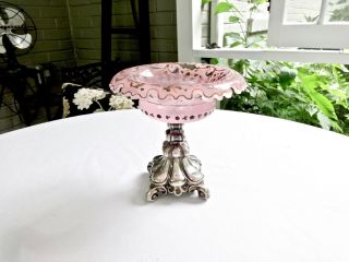 Antique 18th Cent Austrian Silver Painted Curled Pink Glass Serving Compote Bowl