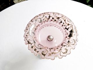 ANTIQUE 18TH CENT AUSTRIAN SILVER PAINTED CURLED PINK GLASS SERVING COMPOTE BOWL 2