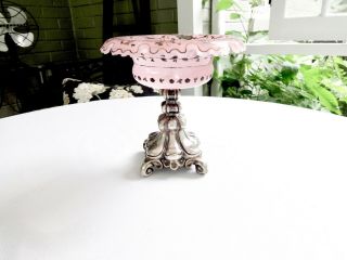 ANTIQUE 18TH CENT AUSTRIAN SILVER PAINTED CURLED PINK GLASS SERVING COMPOTE BOWL 3