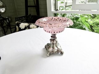 ANTIQUE 18TH CENT AUSTRIAN SILVER PAINTED CURLED PINK GLASS SERVING COMPOTE BOWL 4