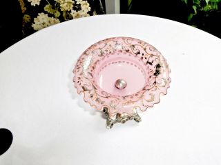 ANTIQUE 18TH CENT AUSTRIAN SILVER PAINTED CURLED PINK GLASS SERVING COMPOTE BOWL 5