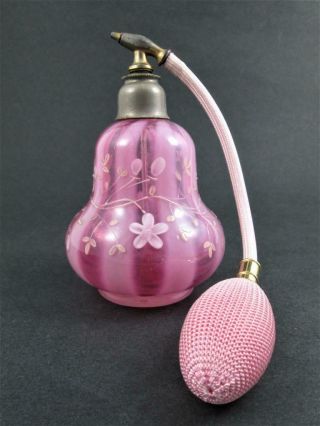 Antique Cranberry Opalescent Perfume Atomizer - Enamel Floral Art Glass C.  1890 