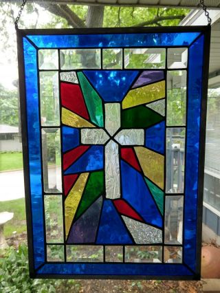 Cross • Hand Crafted Stained Glass Window Panel • 18.  75 X 13.  5