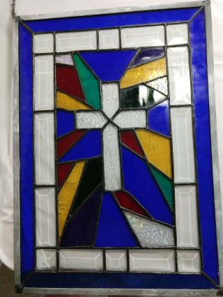 Cross • hand crafted Stained Glass Window Panel • 18.  75 x 13.  5 5