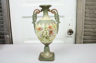 Royal Rudolstadt Vase Urn Footed Pedestal Green Tan Enameled Orange Flowers 13 "