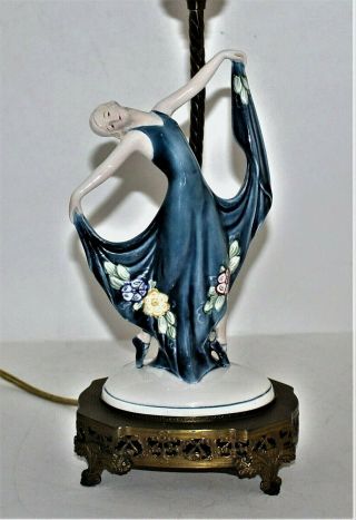 Rare Art Deco Lamp With Katzhutte Butterfly Porcelain Dancing Lady Figurine