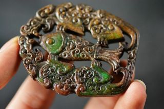 Delicate Chinese Old Jade Carved Two - Sided Dragon/fish Amulet Pendant J7 2