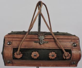 Antique Civil War Era Leather And Velvet Sewing Box / Purse W Stud Details