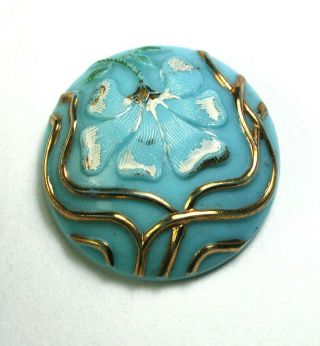 Antique Victorian Glass Button Turquoise Art Nouveau Flower W Gold & Paint 7/8 "