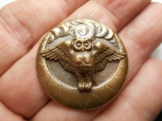 Spread Wing OWL w/ Crescent Under Clouds Heavy Brass Vintage Button 1 - 1/4 