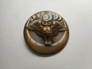Spread Wing OWL w/ Crescent Under Clouds Heavy Brass Vintage Button 1 - 1/4 