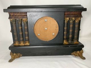 Antique Black Faux Marble Mantle Shelf Clock Case Brass Pillars Lion Hardware
