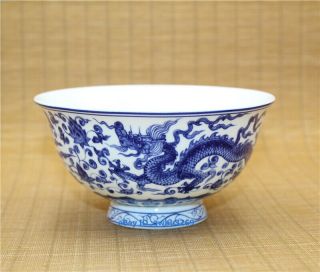 China Blue And White Porcelain Hand - Painted Dragon Phoenix Bowl W Qianlong Mark