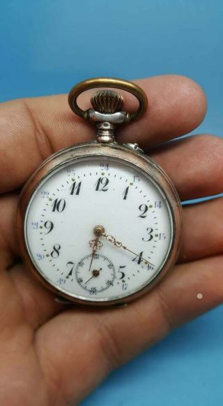 Antique 0.  800 Silver Pocket Watch Numeral Pocelan Dial Very Rare