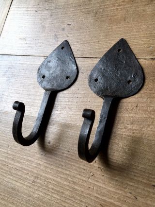Antique Iron Coat Hooks Hand Forged Old Matching Pair