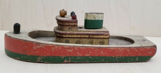 Antique Wooden Toy Tugboat Wood Boat Paint Pond Or Puddle Ship