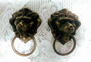 Vintage Brass Lion Heads Drawer Pull Handles Large Matching Pair