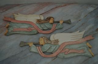 Wall Hanging Vintage Hand Painted Carved Wood Angels