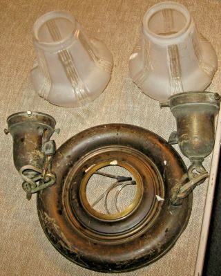 VINTAGE BRASS CEILING LIGHT FIXTURE 2 ART DECO FROSTED GLASS LAMP SHADE 3