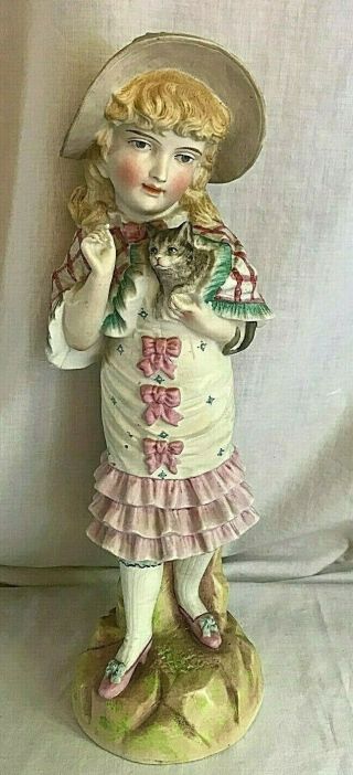 Antique German Bisque Figurine Piano Baby Girl With Cat Kitten No.  801 14  Tall