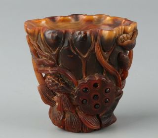 Chinese Exquisite Handmade Lotus Carving Ox Horn Cup