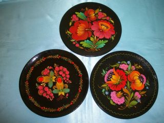Vintage Hand Painted Russian Wood Plates Floral On Black Set Of 3