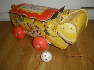 Vintage Fisher Price Wood Pull Toy Happy Hippo 151