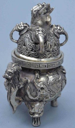 Old Noble Ancient Collectable Miao Silver Carve Dragon Play Ball Incense Burner 2