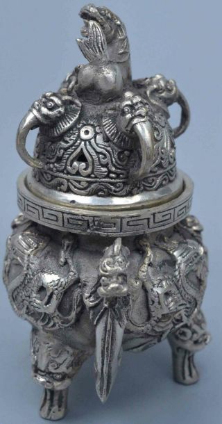 Old Noble Ancient Collectable Miao Silver Carve Dragon Play Ball Incense Burner 3